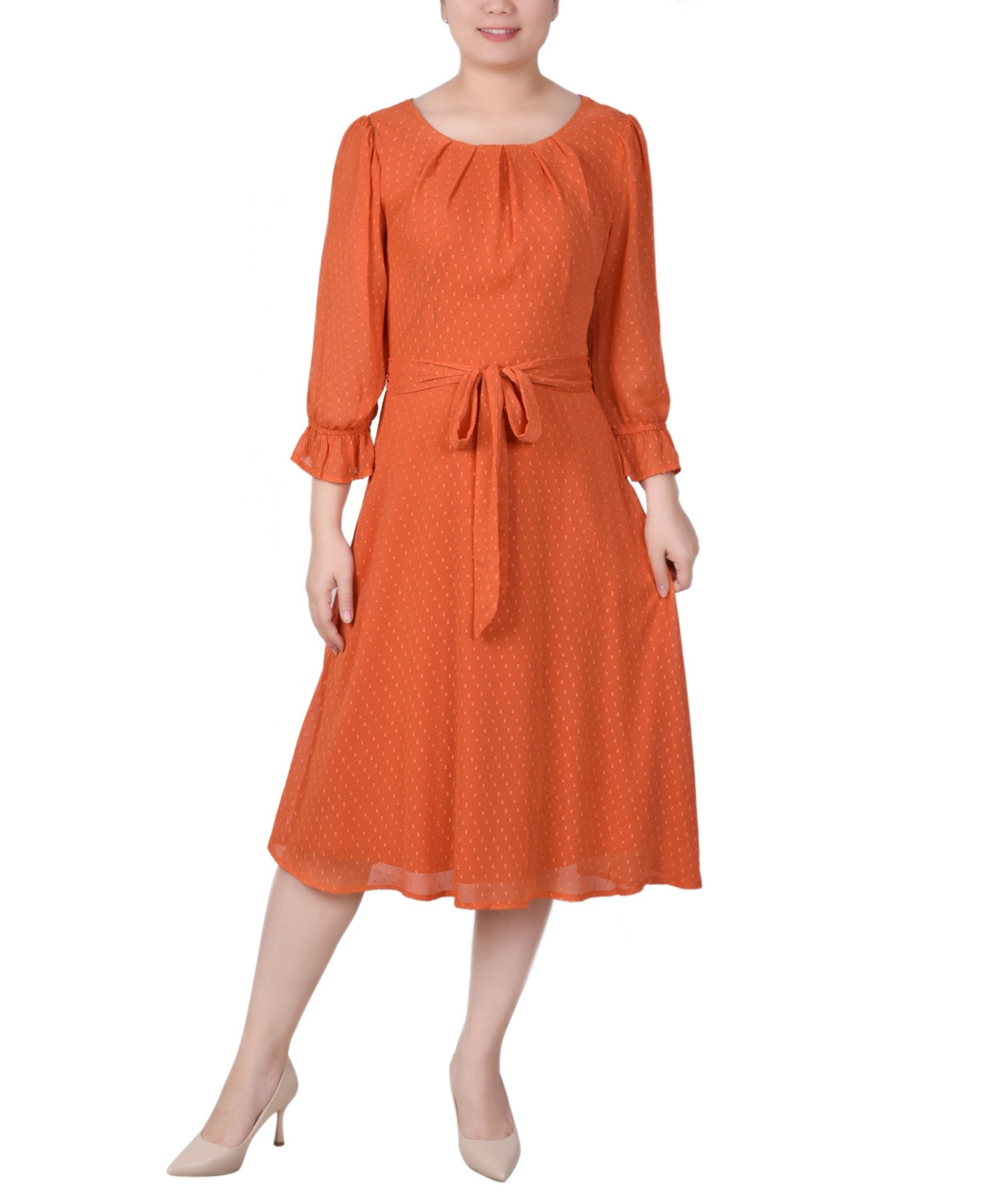 Ny Collection Women's 3/4 Sleeve Belted Chiffon Handkerchief Hem Dress In Orange Rust