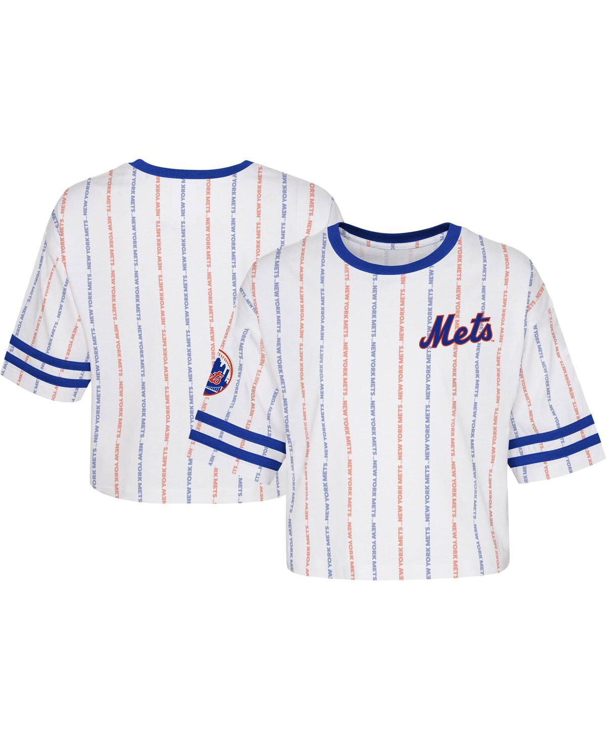 Outerstuff Kids' Big Girls White New York Mets Ball Striped T-shirt