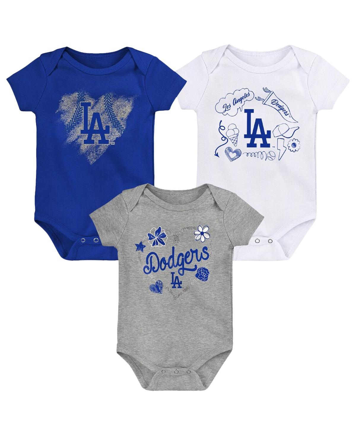 OUTERSTUFF GIRLS NEWBORN AND INFANT ROYAL, WHITE, HEATHERED GRAY LOS ANGELES DODGERS 3-PACK BATTER UP BODYSUIT 