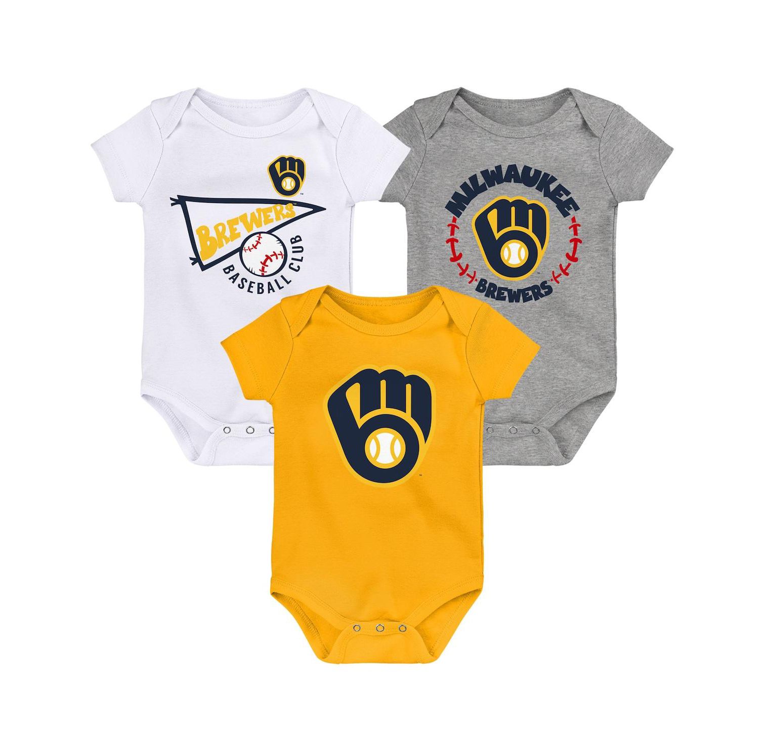 Newborn and Infant Boys and Girls Gold, White, Heather Gray Milwaukee Brewers Biggest Little Fan 3-Pack Bodysuit Set