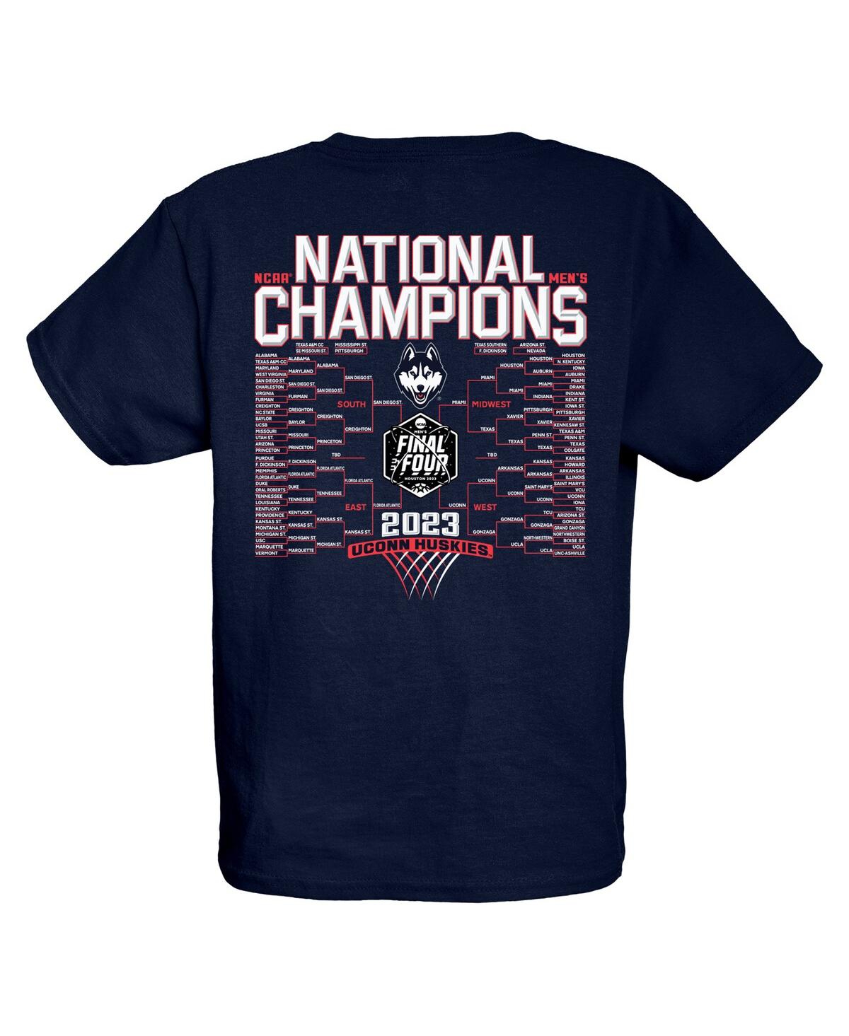 Big Boys and Girls Blue 84UConn Huskies 2023 Ncaa Men's Basketball National Champions Focus Bracket T-shirt - Navy