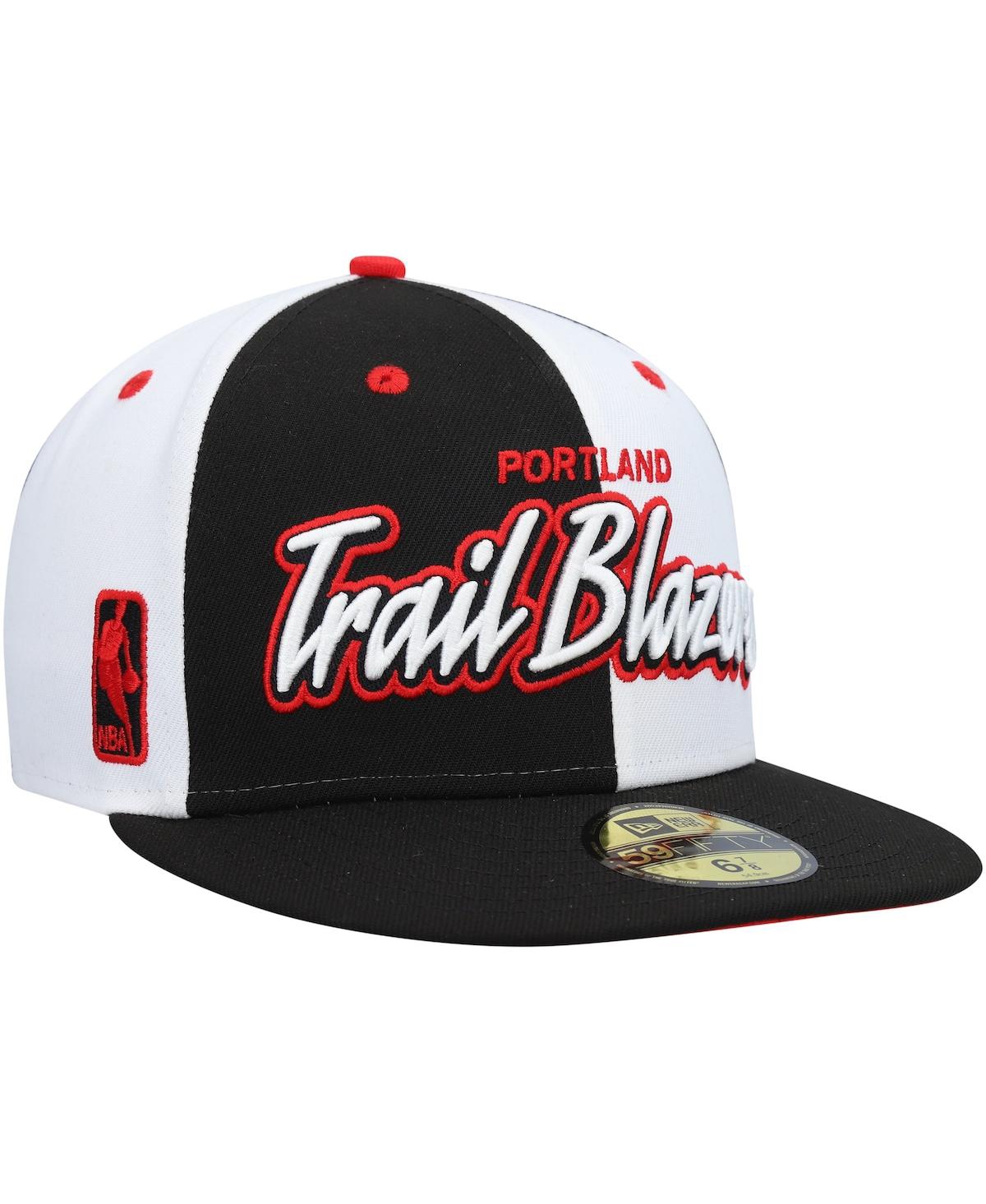 Shop New Era Men's  Black, White Portland Trail Blazers Script Pinwheel 59fifty Fitted Hat In Black,white