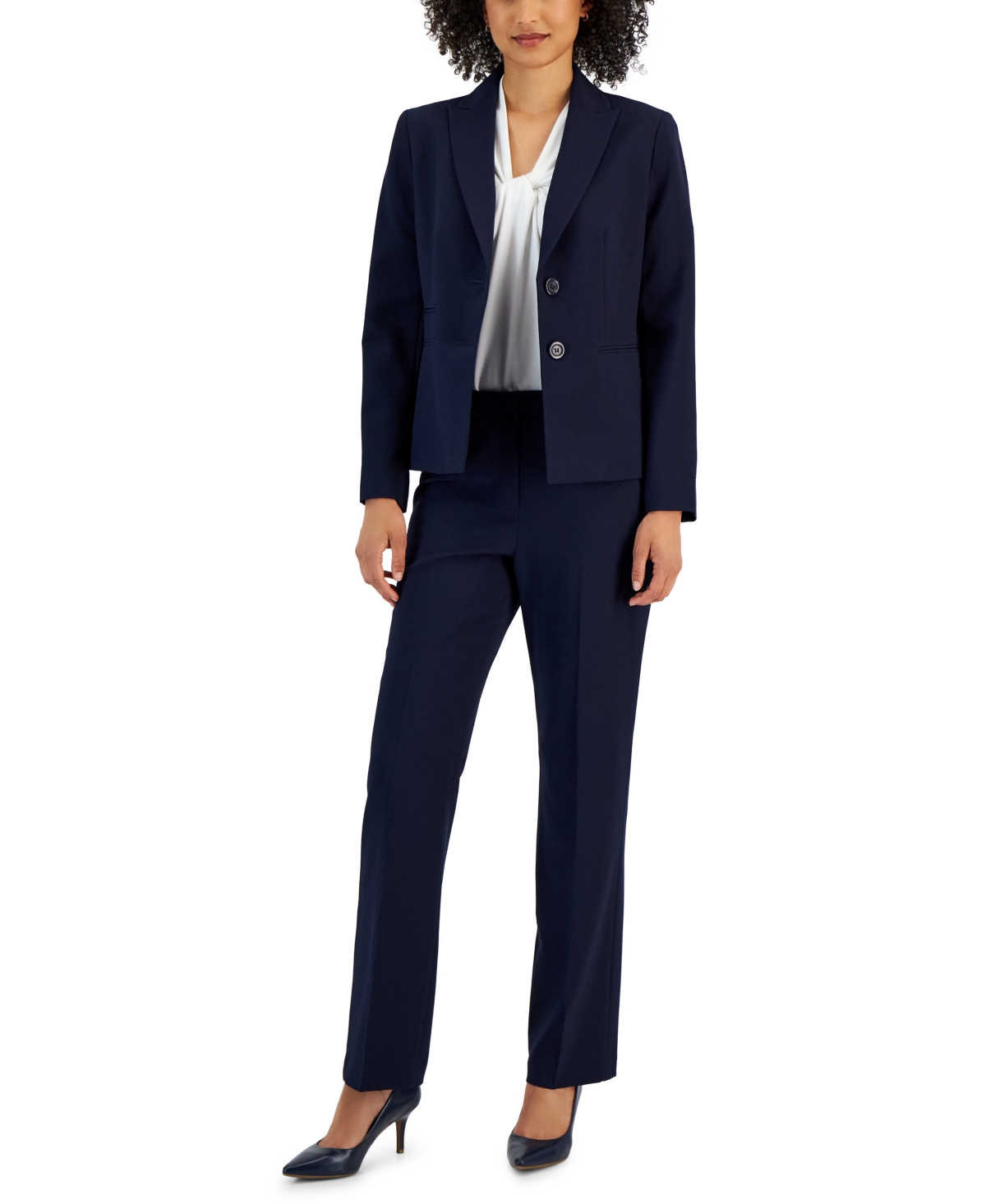 Le Suit Women's Peal-lapel Mid-rise Straight-leg Pantsuit In Navy