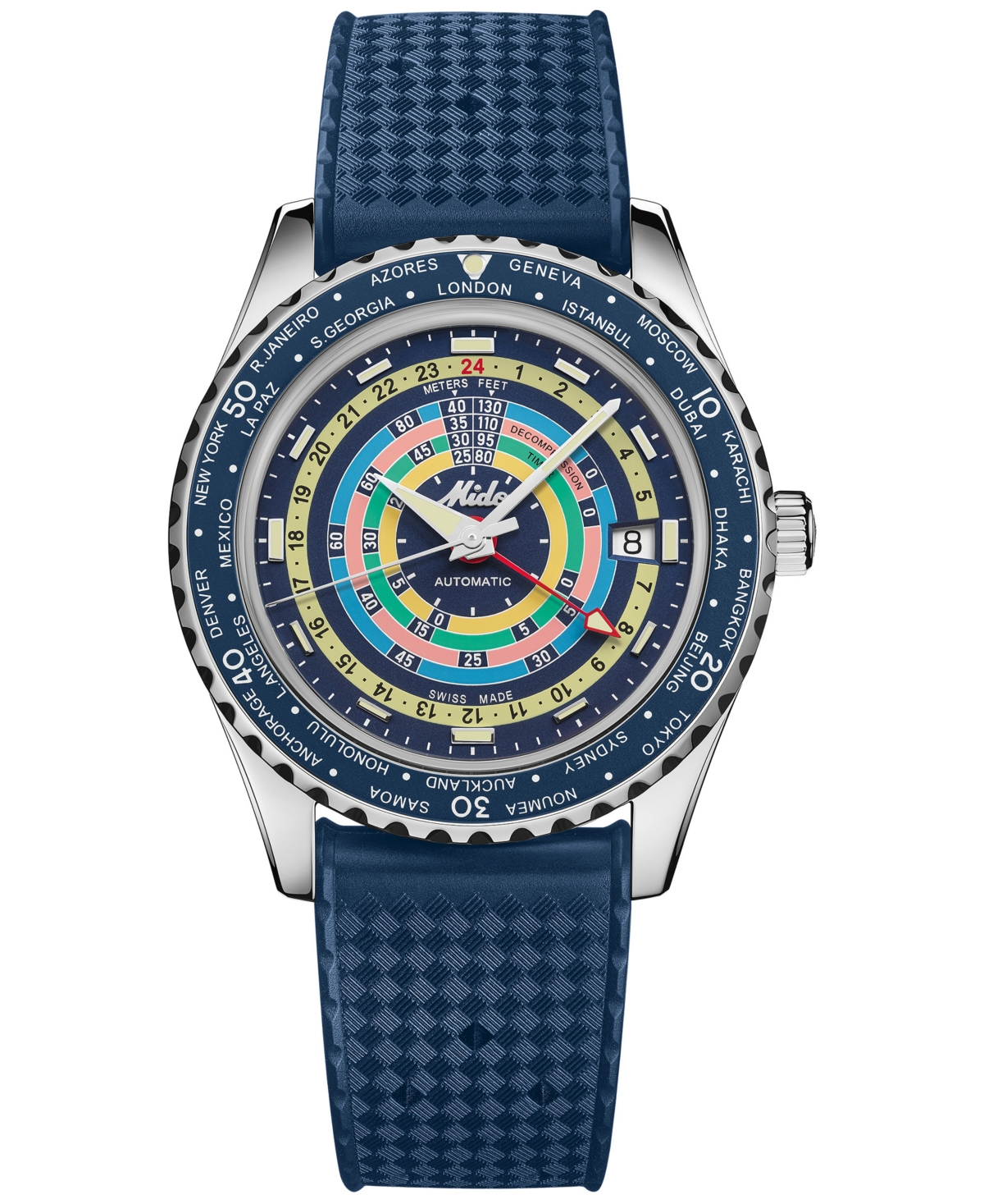 Mido Unisex Swiss Automatic Ocean Star Decompression Worldtimer Blue Rubber Strap Watch 41mm