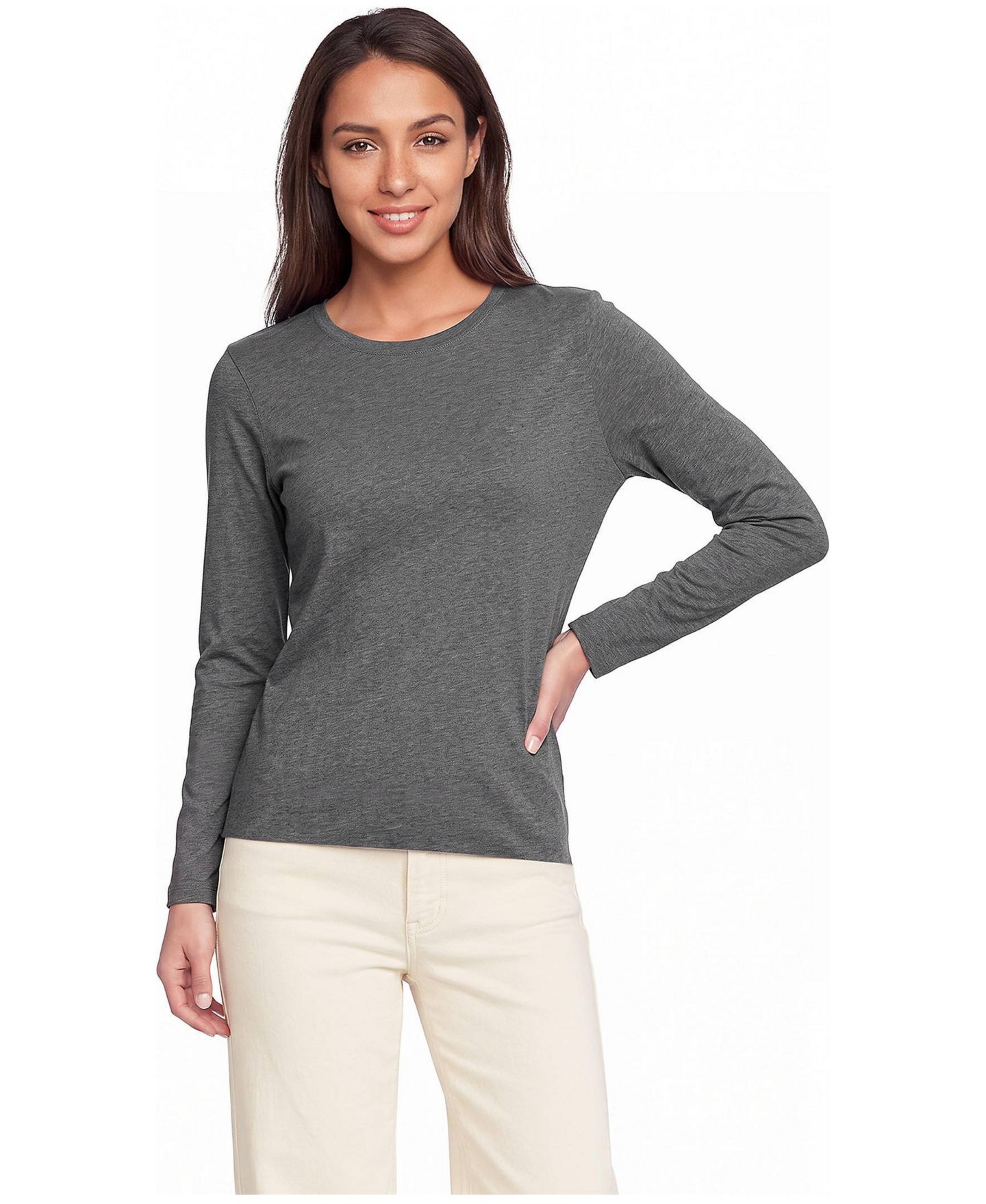 Женская футболка Lands' End Relaxed Supima Cotton Long Sleeve Crew Neck, цвет: Угольный меланжевый — фото 1