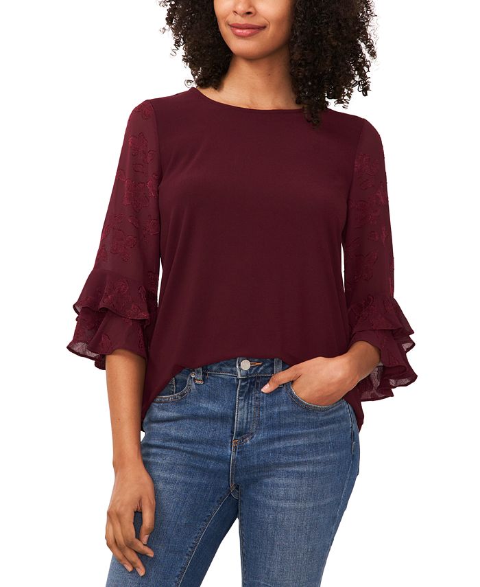 CeCe Women's 3/4 Sleeve Mixed-Media Ruffled-Sleeve Knit Top - Macy's