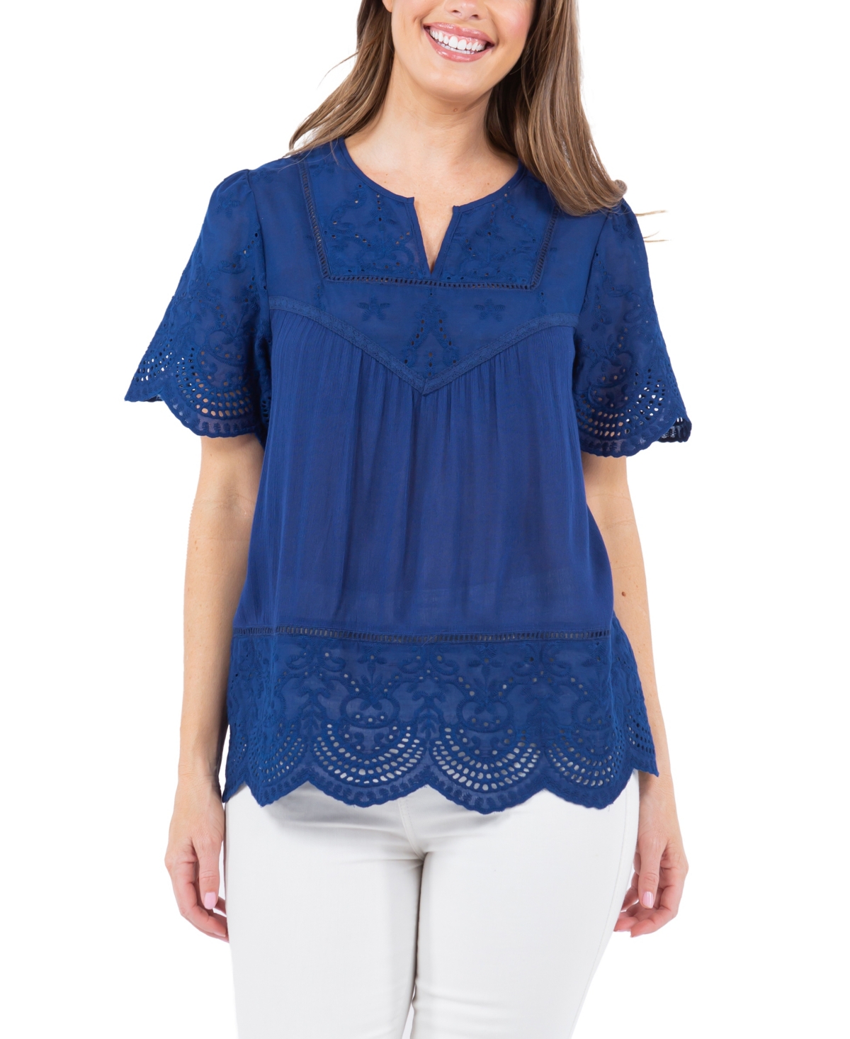 Fever Women's Woven Mixed with Knit Cap Sleeve Top with Eyelet Embroidery