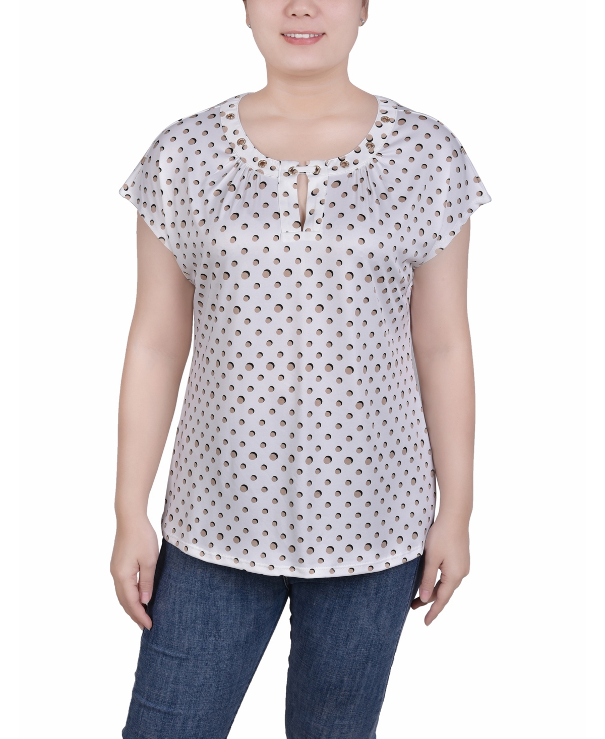 Ny Collection Petite Grommet Neck Knit Short Extended Sleeve Top In Ivory Taupe Dot