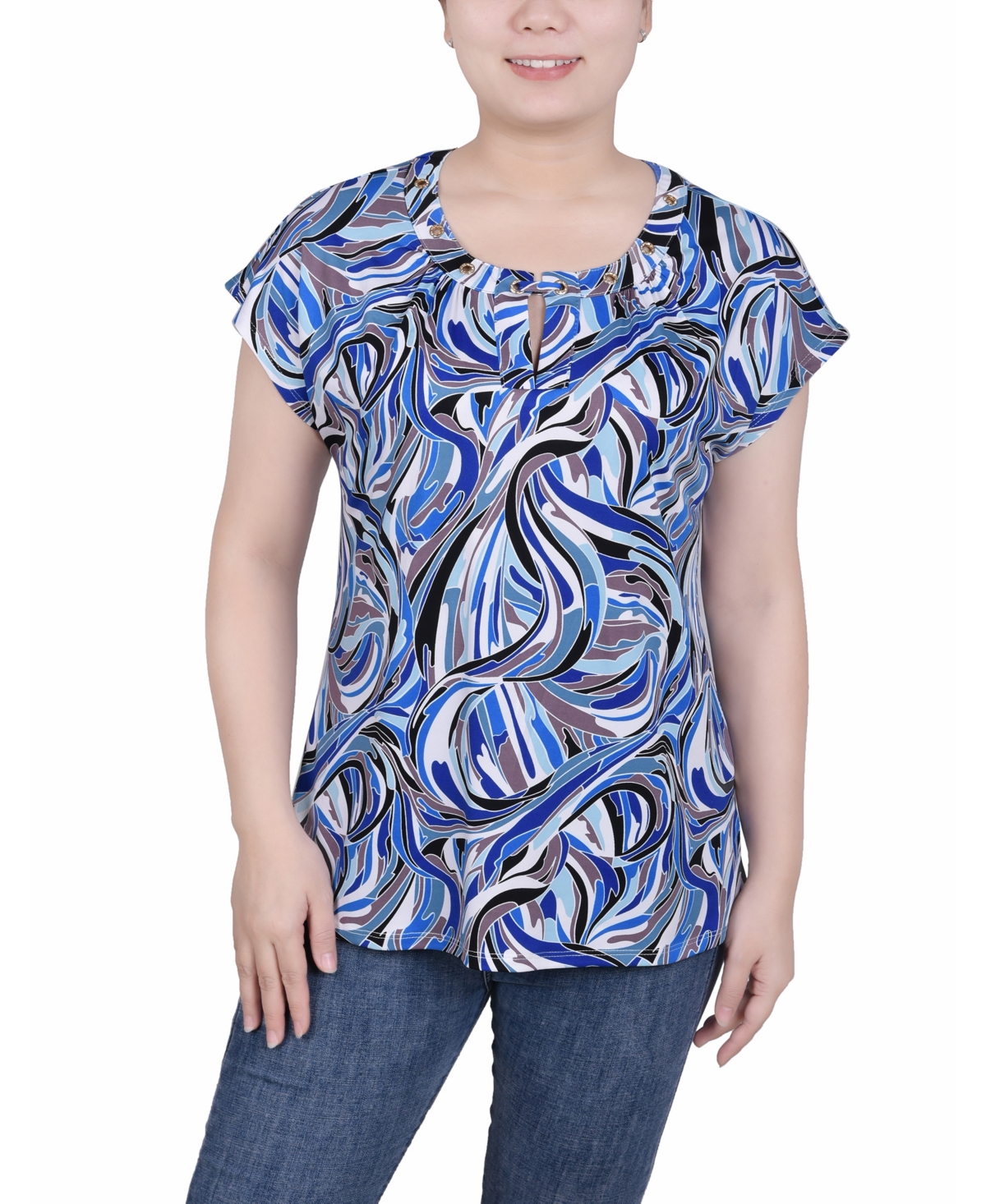 Ny Collection Petite Grommet Neck Knit Short Extended Sleeve Top In Blue White Black Pucci