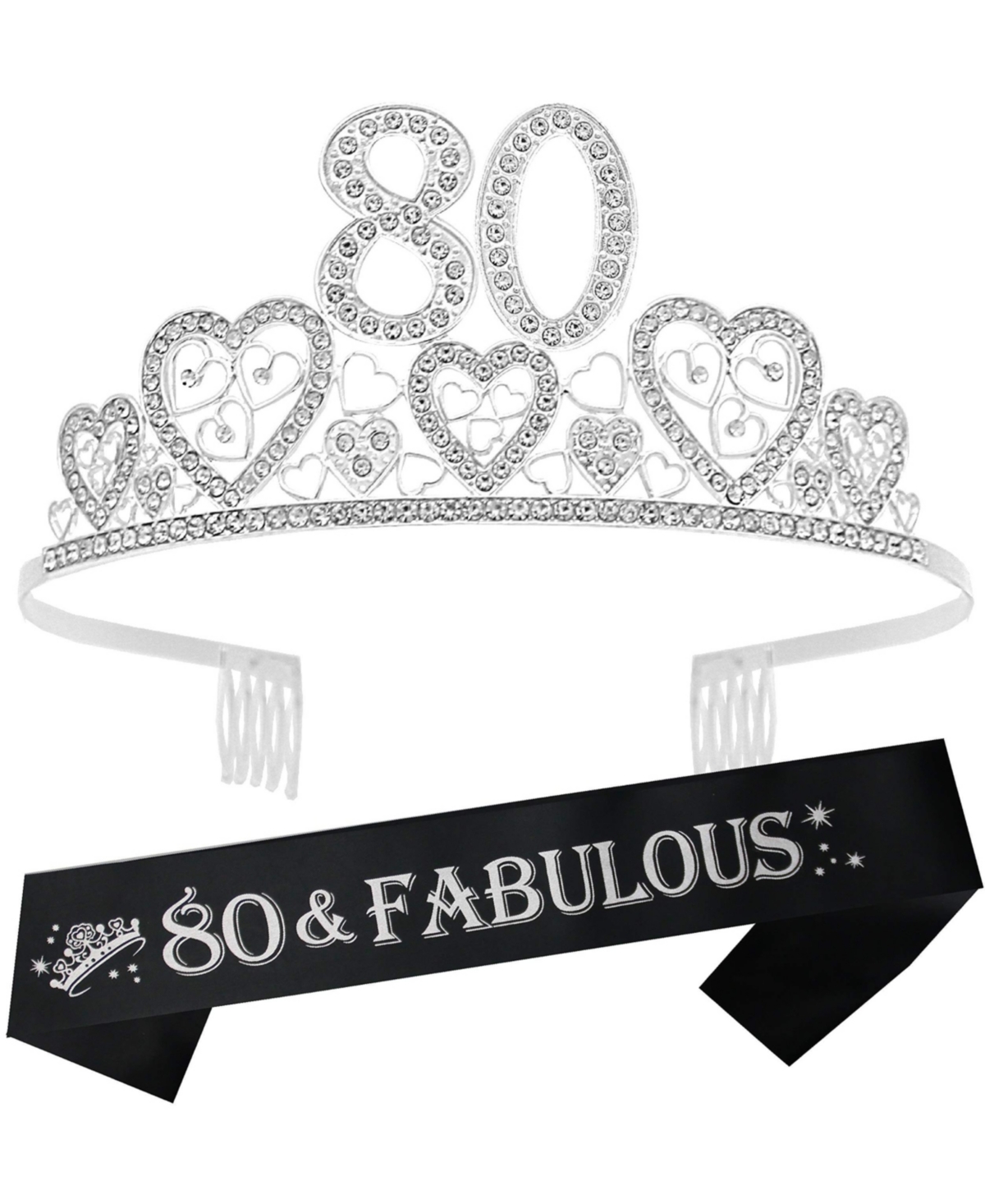 VeryMerryMakering 80th Birthday Sash and Tiara for Women - Fabulous Glitter Sash + Hearts Rhinestone Silver Premium Metal Tiara for Her, 80th Birthday