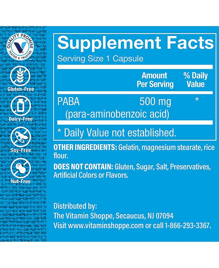 The Vitamin Shoppe PABA (ParaAminobenzoic Acid) 500 MG (100 Capsules
