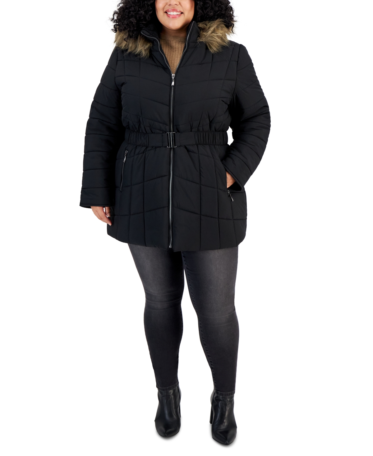 Maralyn & Me Juniors' Plus Size Belted Faux-Fur-Hooded Puffer Coat