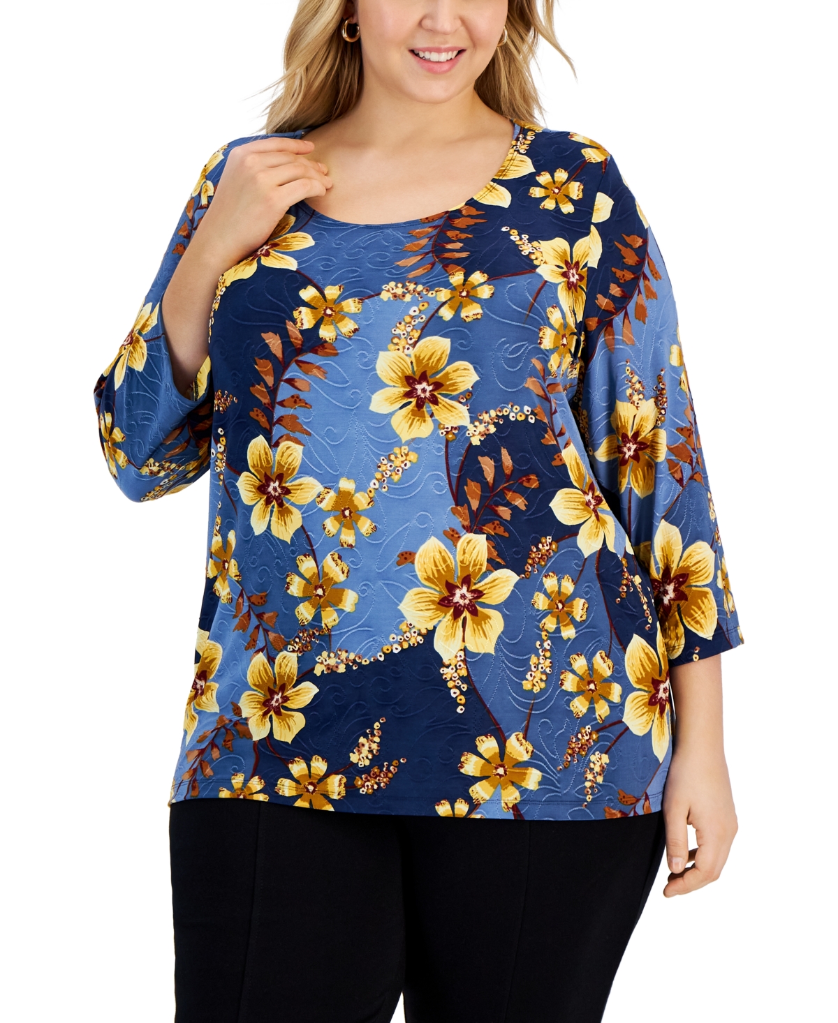 Jm Collection 3/4-sleeve Printed Tunic Top, Created For Macy's In Texture  Waves