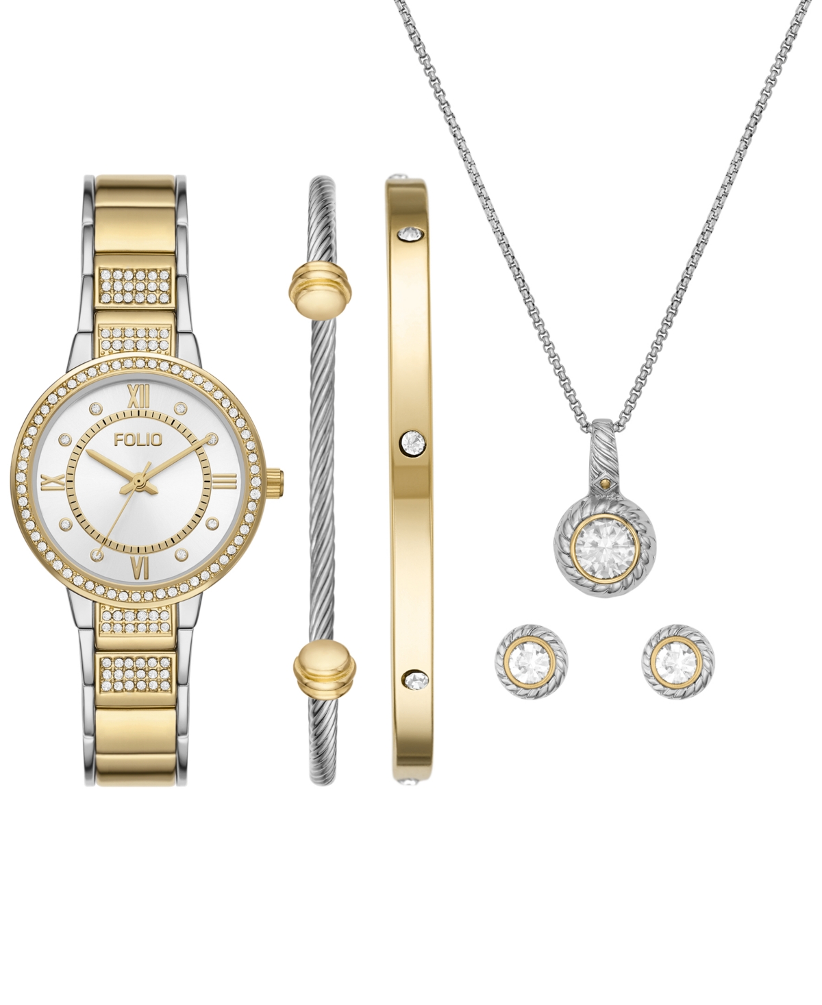Folio Women's Three Hand Two-Tone 33mm Watch and Bracelet Gift Set, 6 Pieces