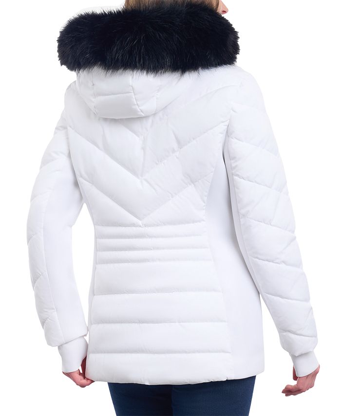 Michael Kors Women's Faux Fur Trim Hooded Chevron Down Puffer Coat Black Size XS