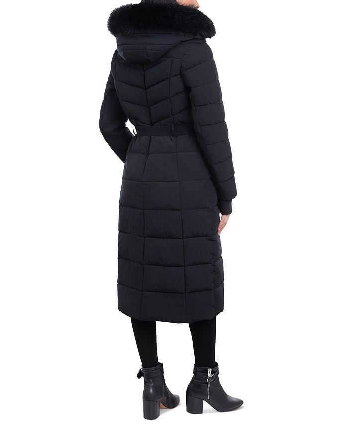 Michael Kors Women's Belted Faux-Fur-Trim Hooded Maxi Puffer Coat - Macy's