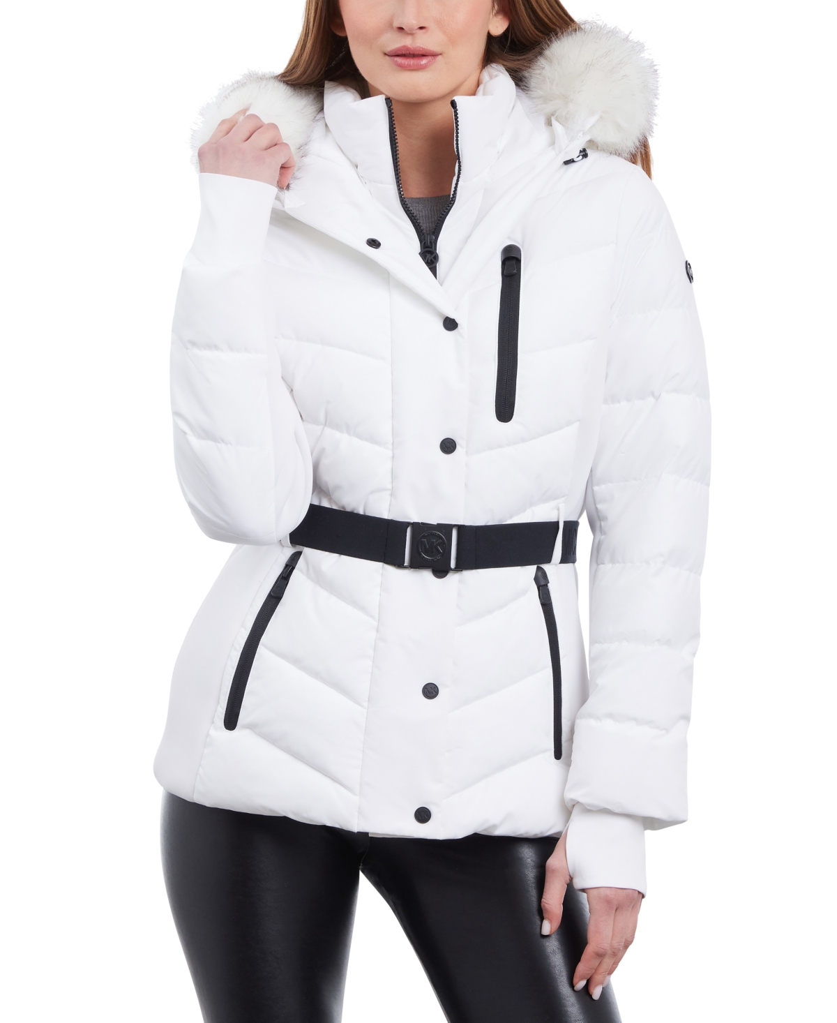 Michael Michael Kors Women's Belted Faux-Fur-Trim Hooded Puffer Coat