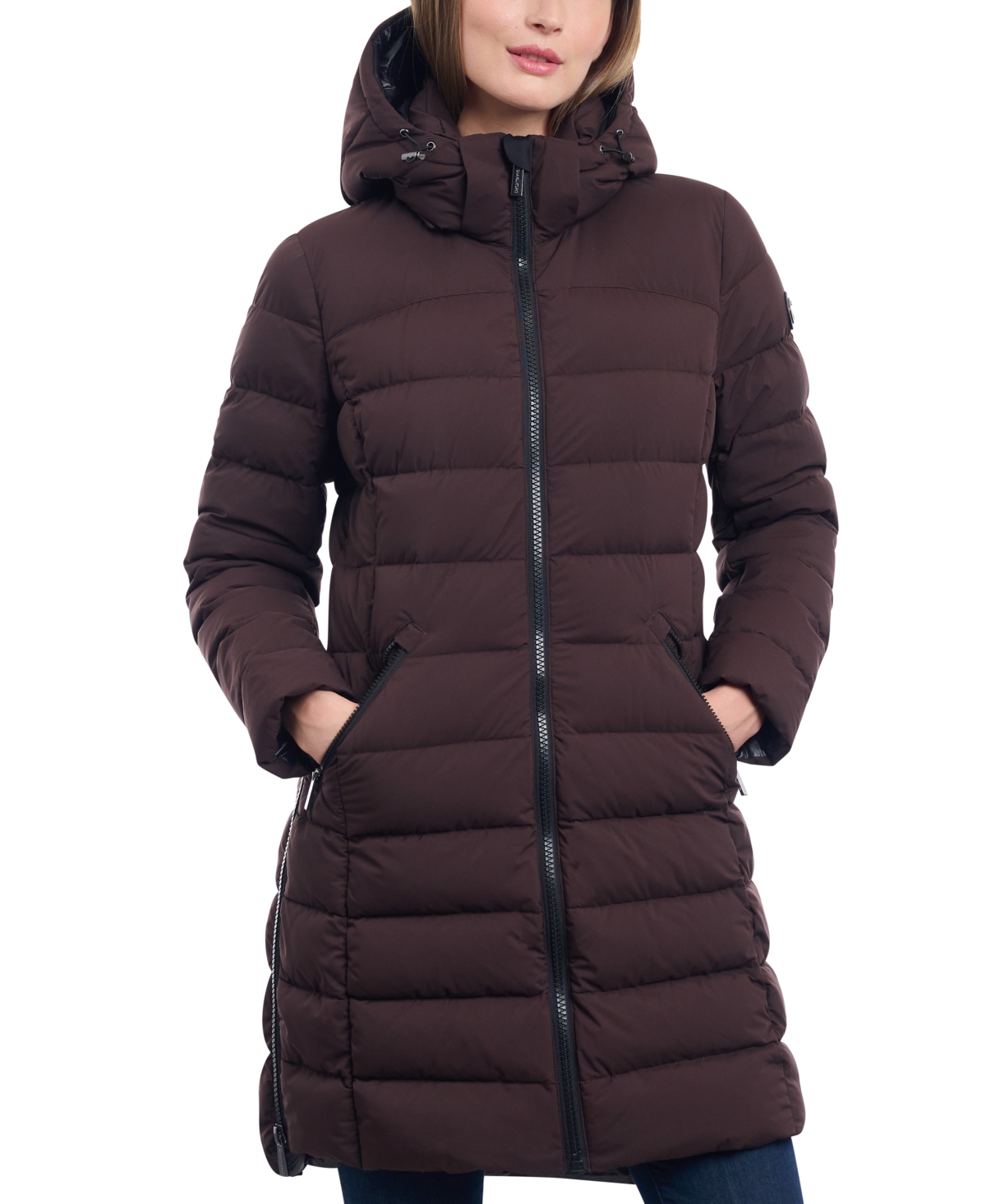 Michael Michael Kors Women's Petite Hooded Faux-Leather-Trim Puffer Coat, Created for Macy's - Chocolate