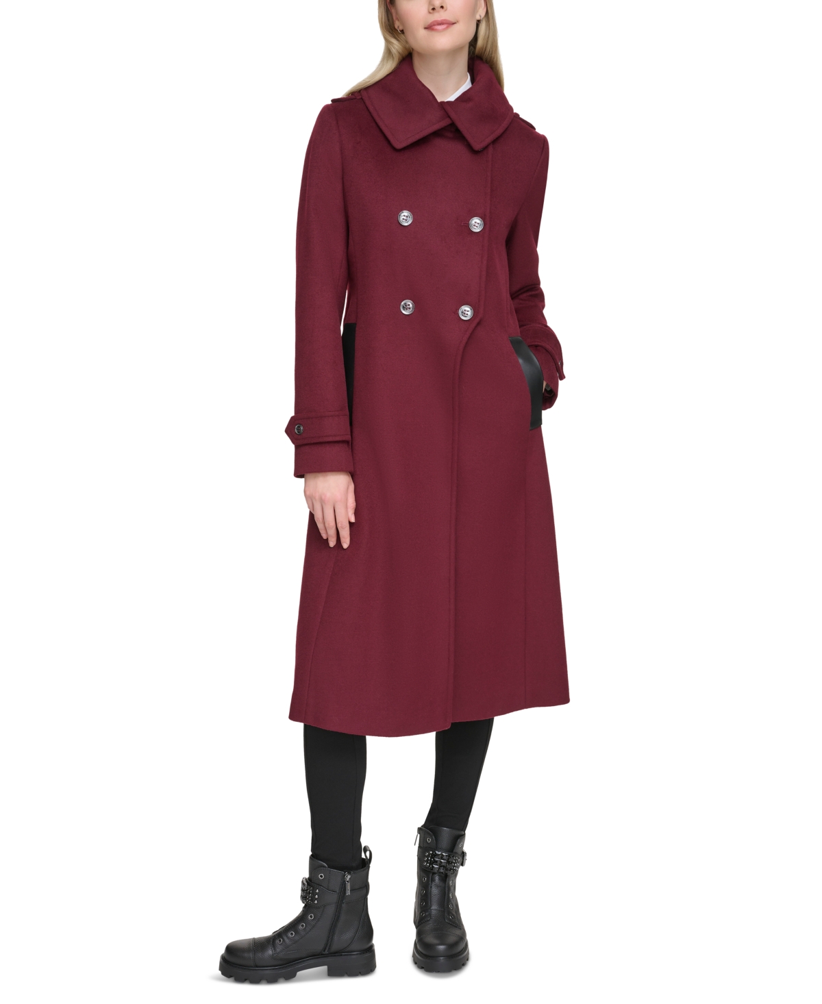 Karl Lagerfeld Women's Faux-leather-trim Coat In Burgundy