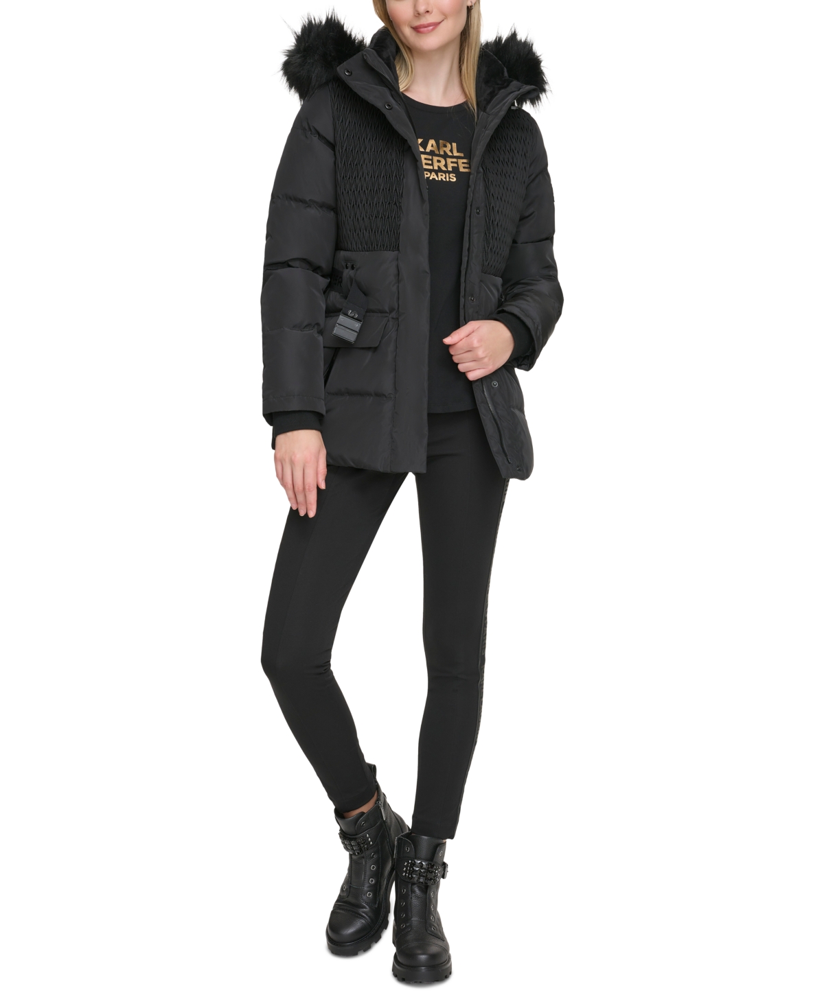 Karl Lagerfeld Women's Faux-fur-trim Hooded Puffer Coat In Black