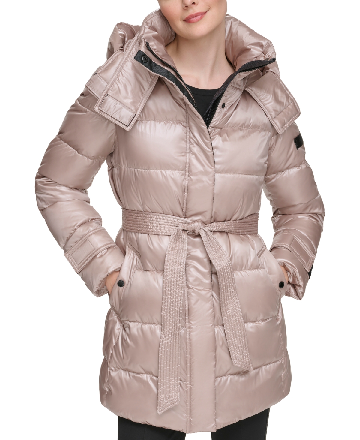 Karl Lagerfeld Womens Shine Hooded Short Belted Puffer Coat In Sand ModeSens