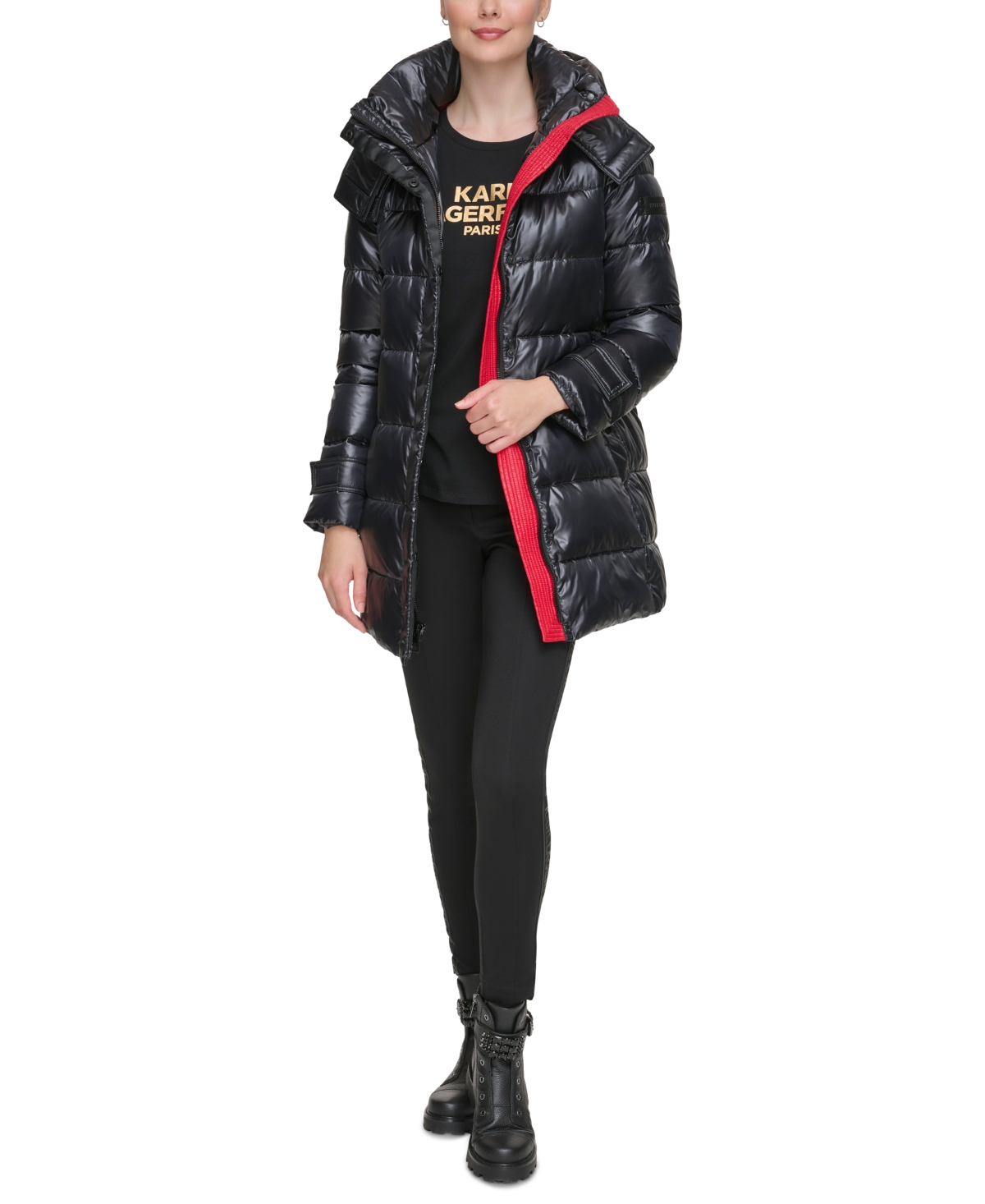 Karl Lagerfeld Women's Belted Hooded Short Down Puffer Coat In Black