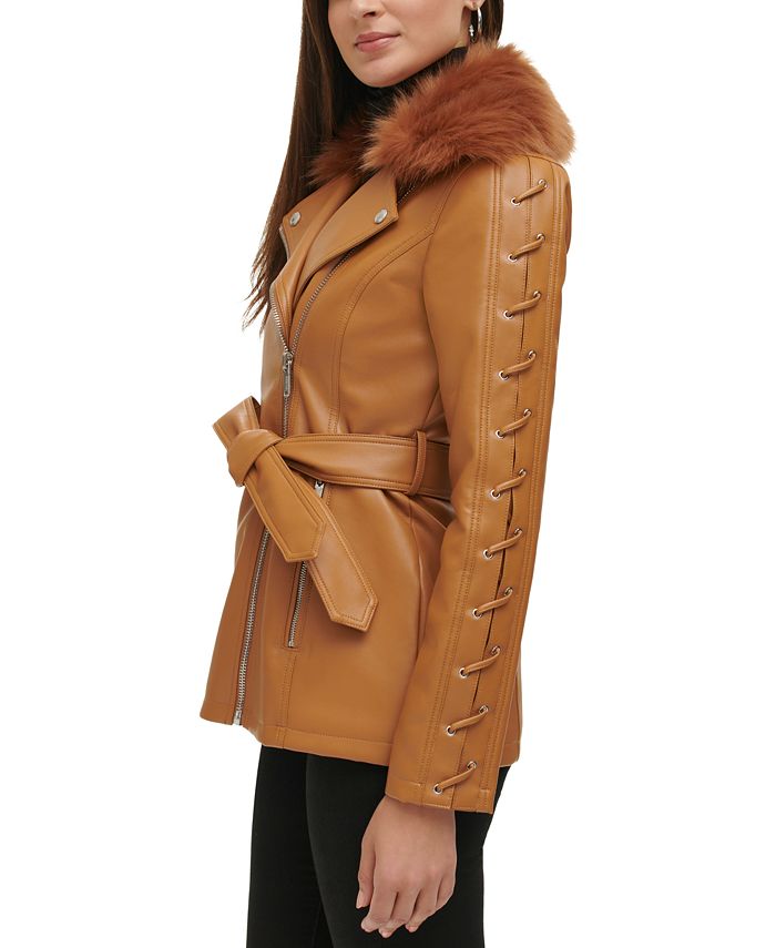 GUESS Women's FauxFurTrim FauxLeather Belted Jacket Macy's