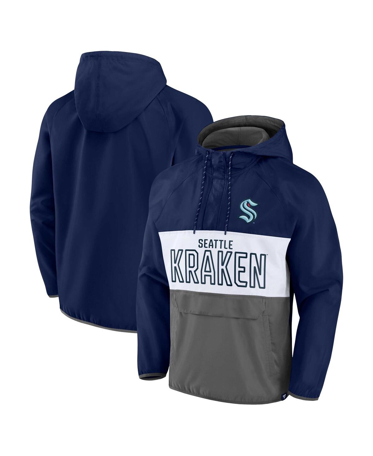 Fanatics Branded Deep Sea Blue/gray Seattle Kraken Backhand Shooter Defender Anorak Raglan Hoodie Qu In Deep Sea Blue,gray