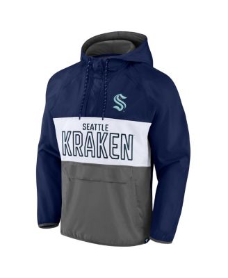 Men's Deep Sea Blue, Gray Seattle Kraken Backhand Shooter Defender Anorak Raglan Hoodie Quarter-Zip Jacket