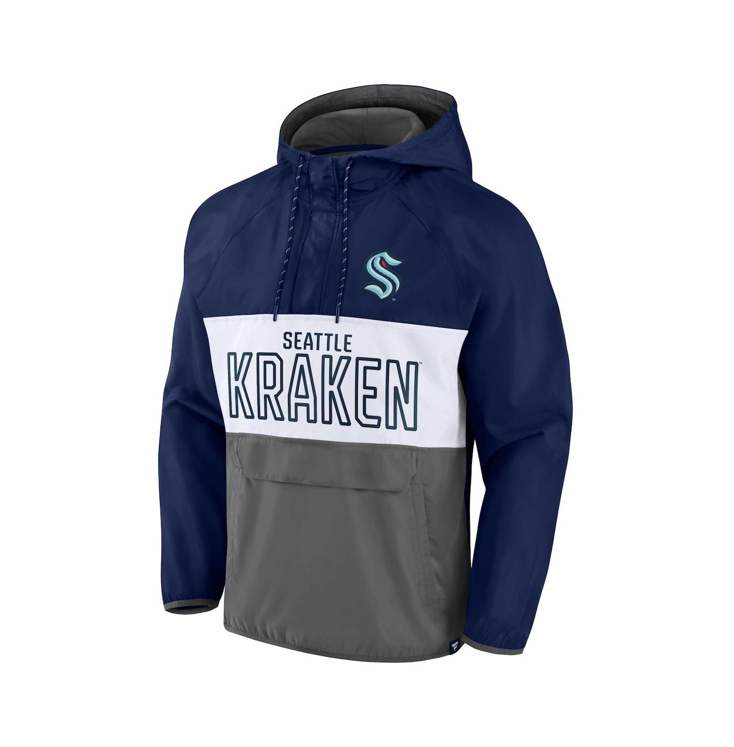 Мужские худи Fanatics Deep Sea Blue, Gray Seattle Kraken Backhand Shooter Defender Anorak Raglan Quarter-Zip Jacket — фото 3