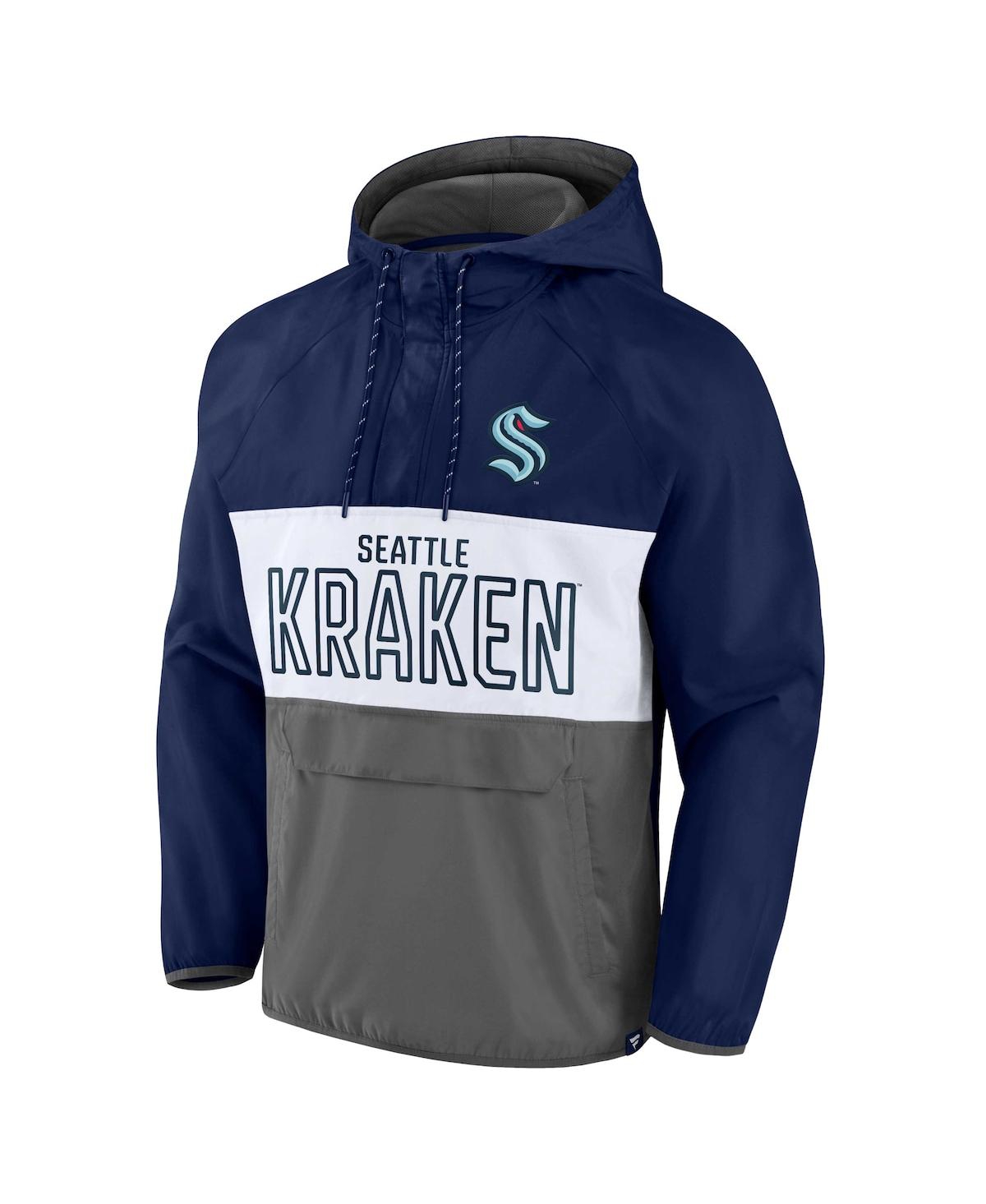 Fanatics Branded Deep Sea Blue/gray Seattle Kraken Backhand Shooter Defender Anorak Raglan Hoodie Qu In Deep Sea Blue,gray