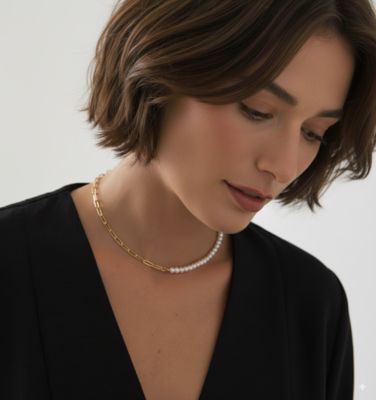 Half Pearl Half Paperclip Chain Choker, 6–7 mm Freshwater Pearls with Gold Stainless Steel