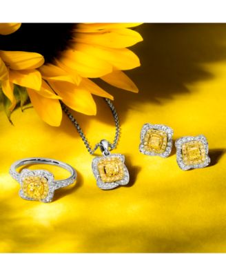 Sunny Yellow Diamond (1/4 ct. t.w.) & Vanilla Diamond (1/6 ct. t.w.) Double Halo 18" Pendant Necklace in Platinum & 14k Gold