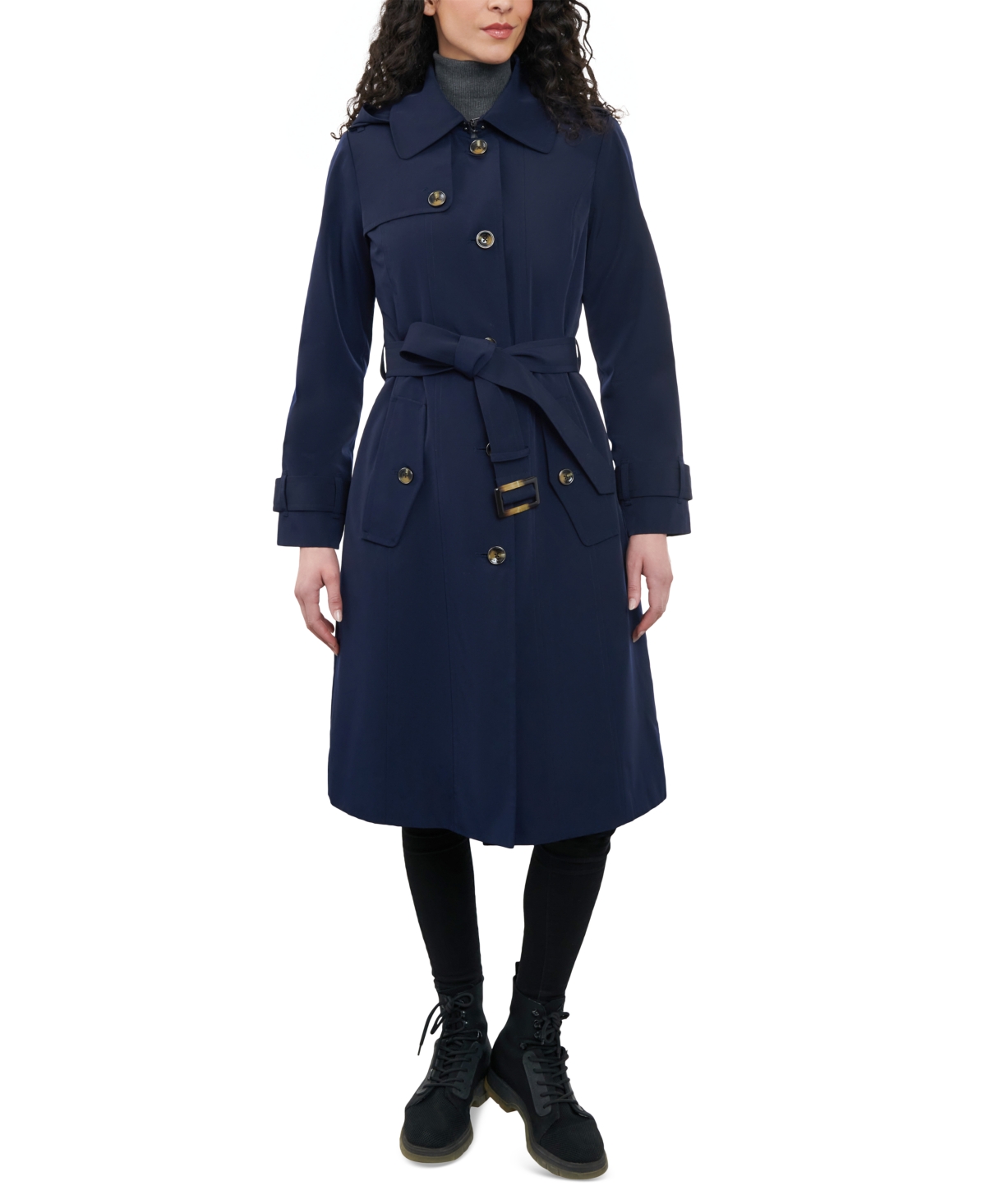 Women's Single-Breasted Hooded Trench Coat - Midnight Navy