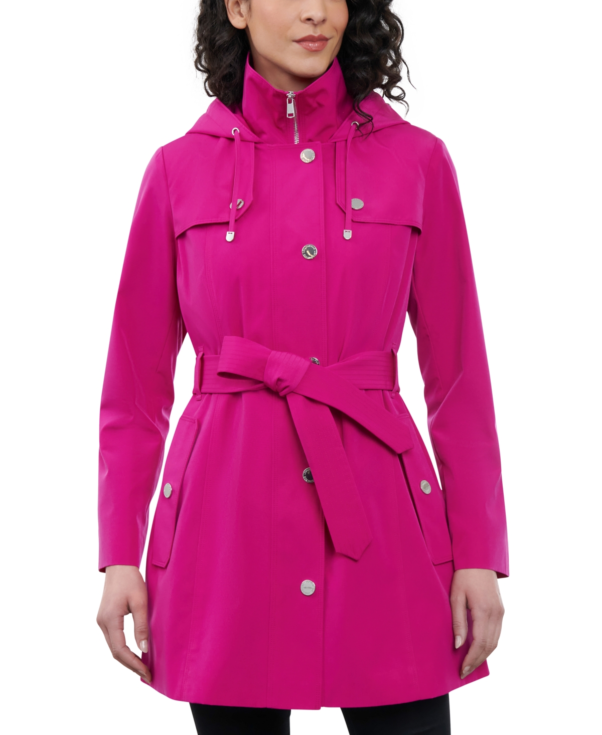 London Fog Women's Hooded Belted Zip-Front Rain Coat