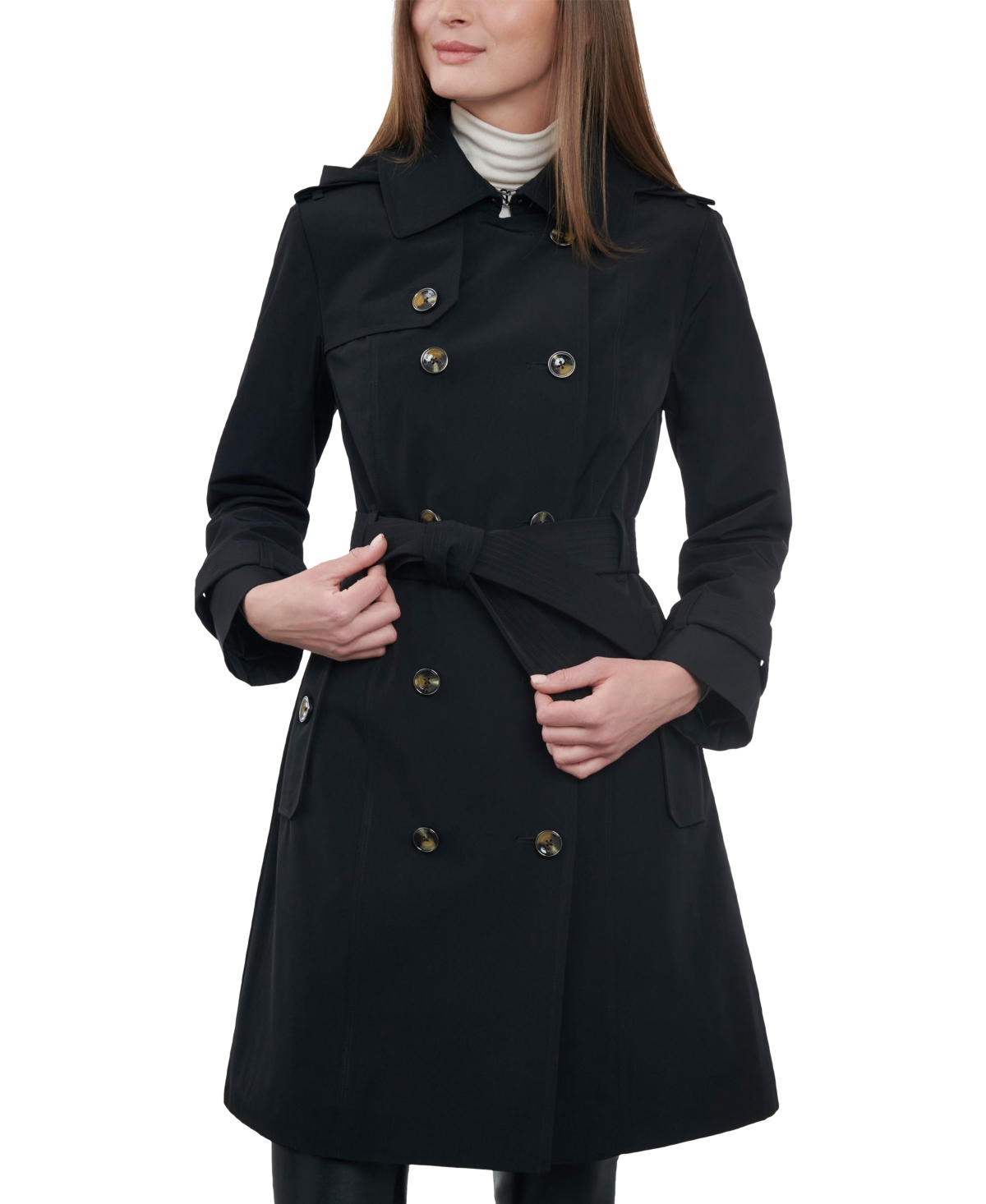 London Fog Women's 38" Double-Breasted Hooded Trench Coat