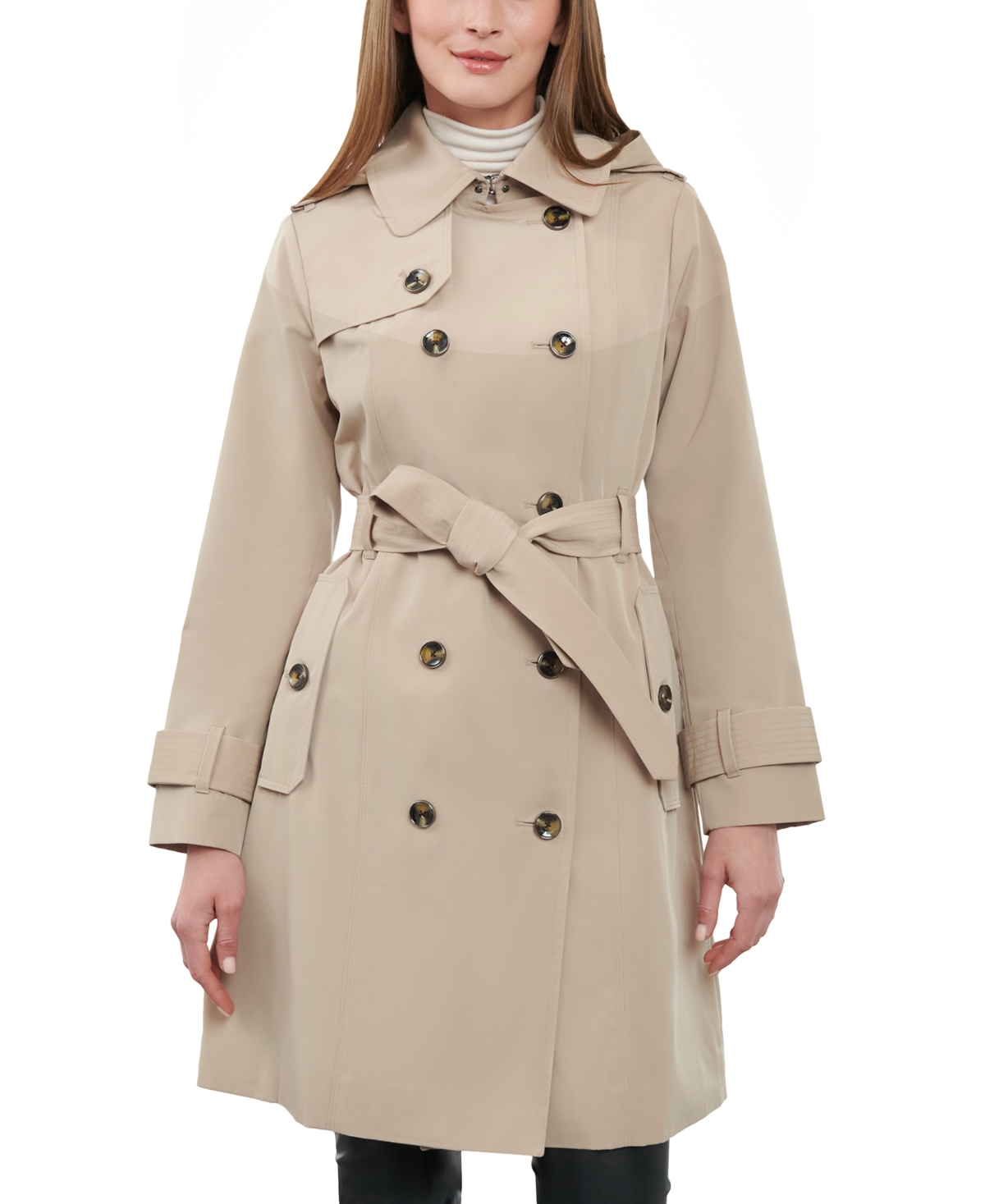 Women's 38" Double-Breasted Hooded Trench Coat - British Khaki