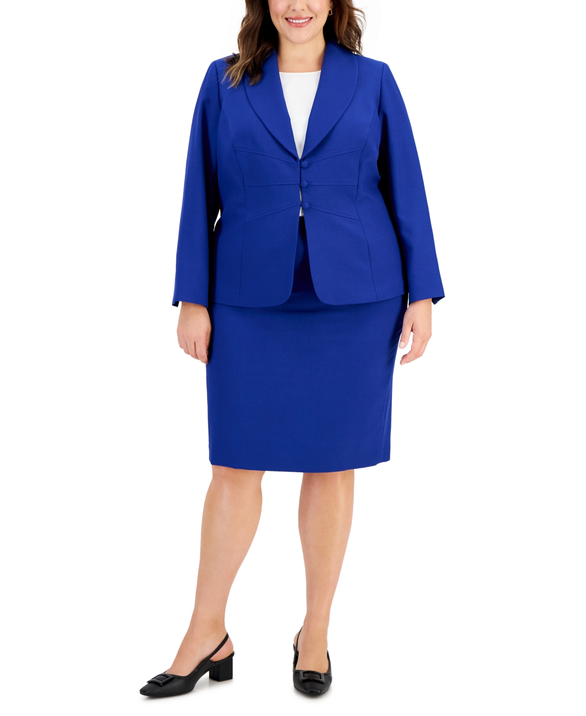 Le Suit Plus Size Seamed Crepe Jacket Slim Skirt Suit In Twilight Blue