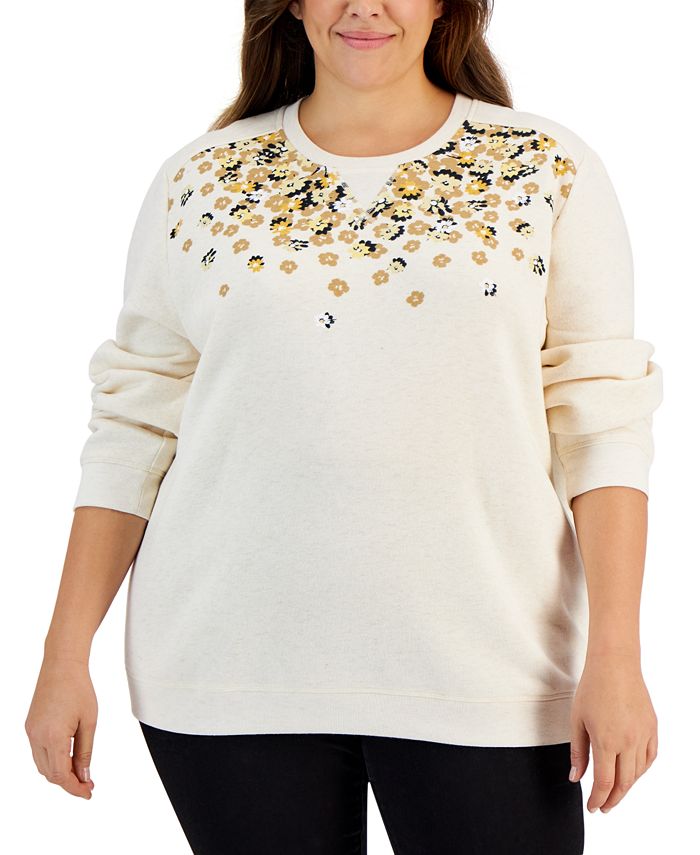 Karen Scott Plus Size Crewneck Floral-Print Sweatshirt, Created