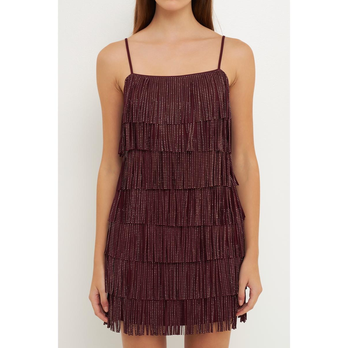 Shop Endless Rose Women's Embellished Suede Fringe Mini Dress In Wine