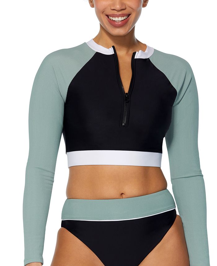 Reebok Women's Colorblocked Cropped Rashguard Swim Top - Macy's