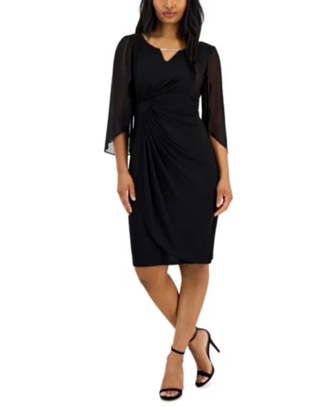 Petite Chain-Detail Sheer-Sleeve Sheath Dress - Black
