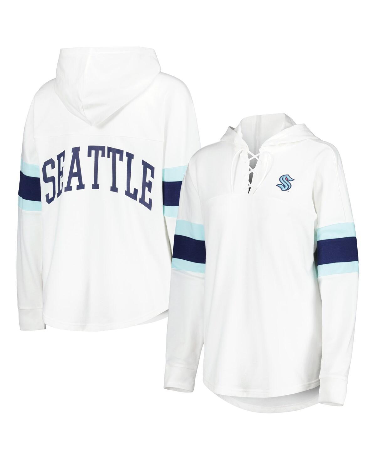 G-iii 4her By Carl Banks Women's  White Seattle Kraken Game Plan Lace-up Long Sleeve Hoodie T-shirt