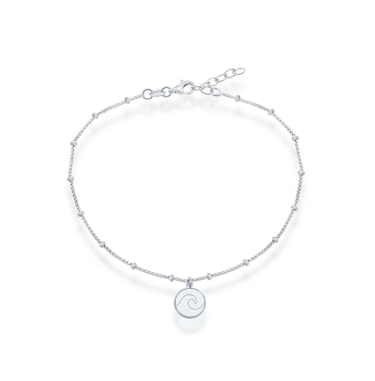 Sterling Silver Beaded Anklet with Wave Disc - Silver