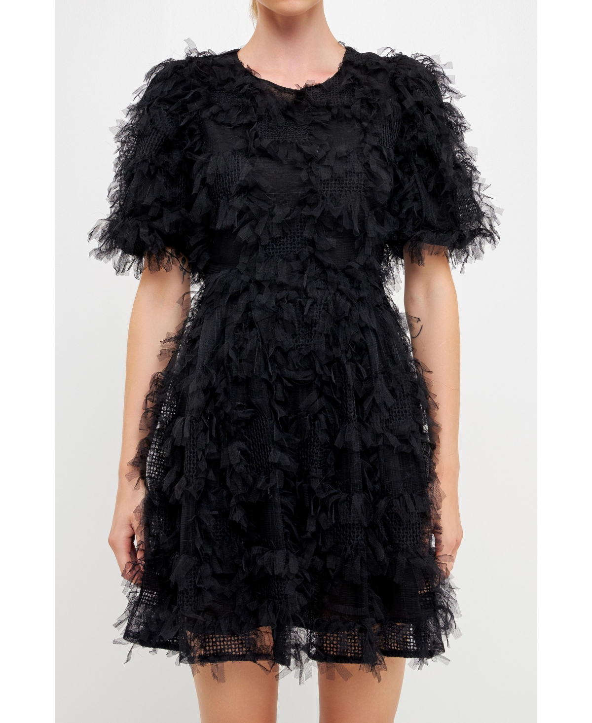 Endless Rose Feathered Mesh Puff Sleeve Minidress In Black