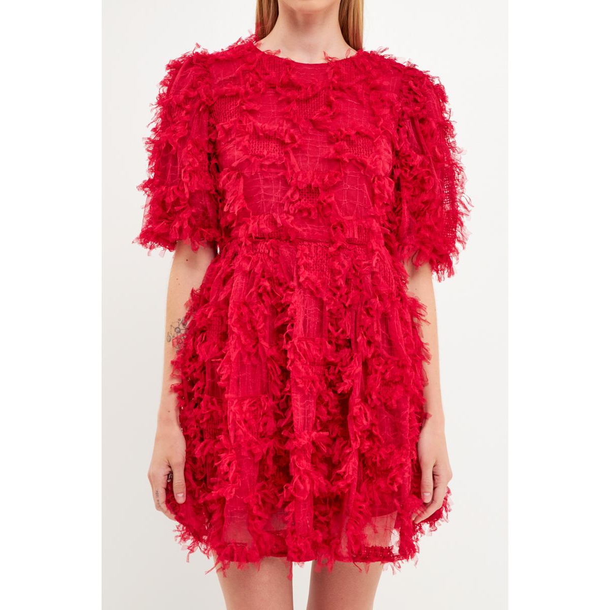 Endless Rose Feathered Mesh Puff Sleeve Minidress In Wine