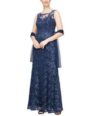 Alex hot Evenings Embellished- Lace Embroidered Illusion Gown & Shawl