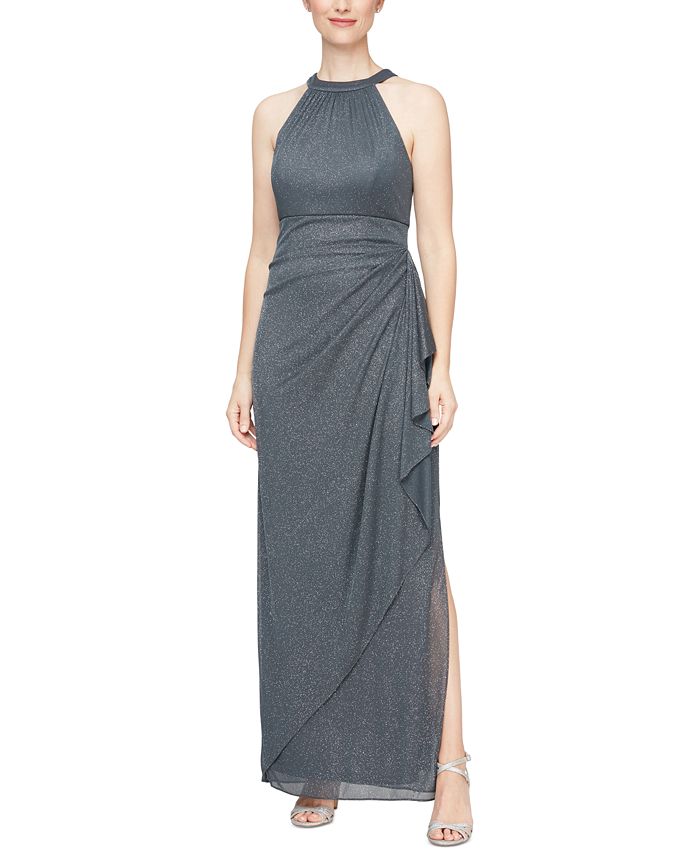 Alex Evenings Women s Halter Side Ruffled Glitter Gown Macy s
