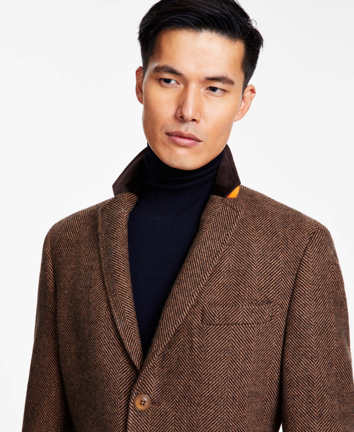 Tallia Men Wool Blend Overcoats with Contrast Velvet Top Collar - Brown Tan  | Smart Closet