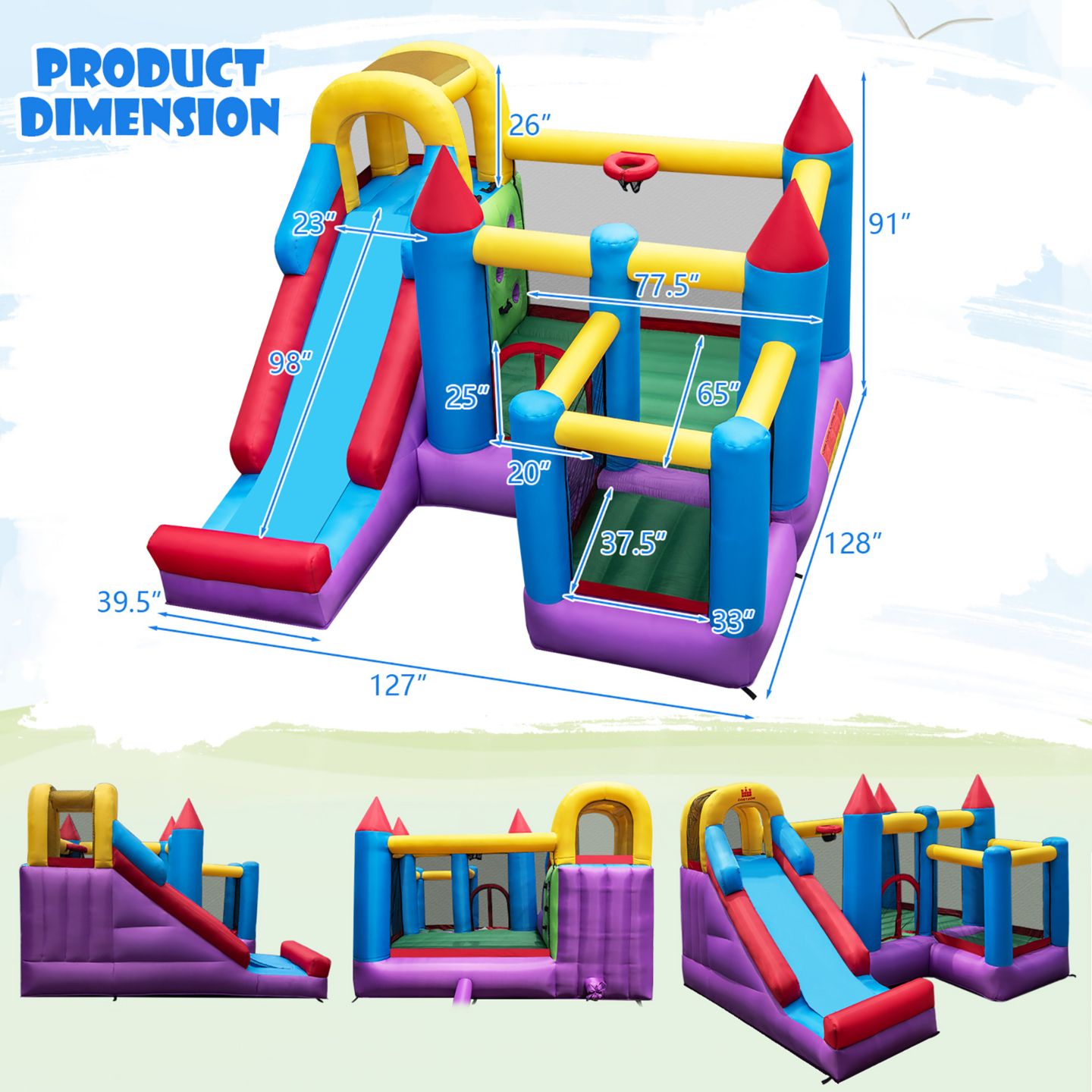 Детская игрушка Costway 5-In-1 Inflatable Bounce Castle with Basketball Rim, Accommodates 4 Kids, 3–10 лет — фото 8